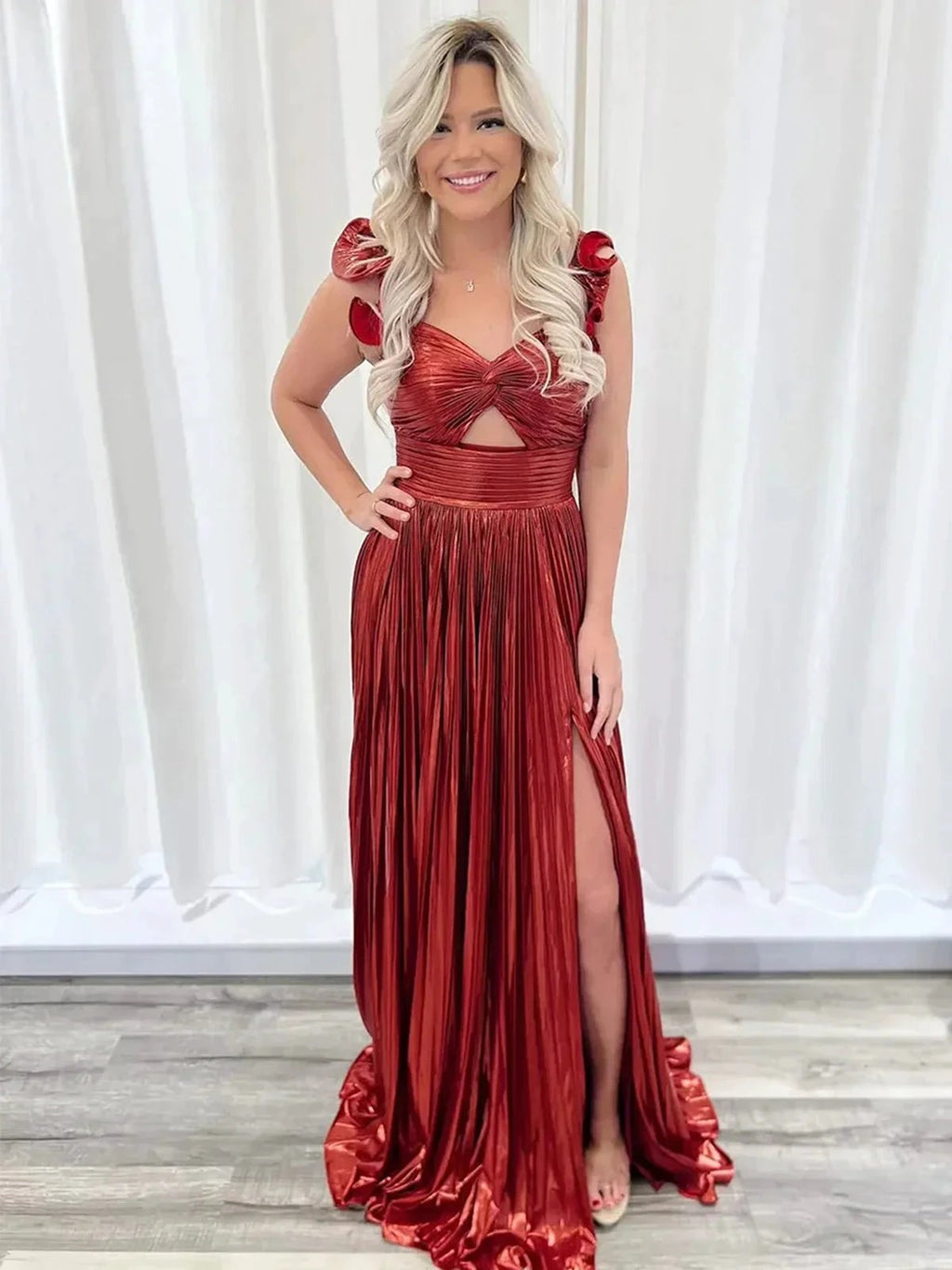 A-Line Fuchsia One Shoulder Keyhole Pleated Metallic Prom Dress with Slit