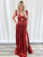 A-Line Fuchsia One Shoulder Keyhole Pleated Metallic Prom Dress with Slit