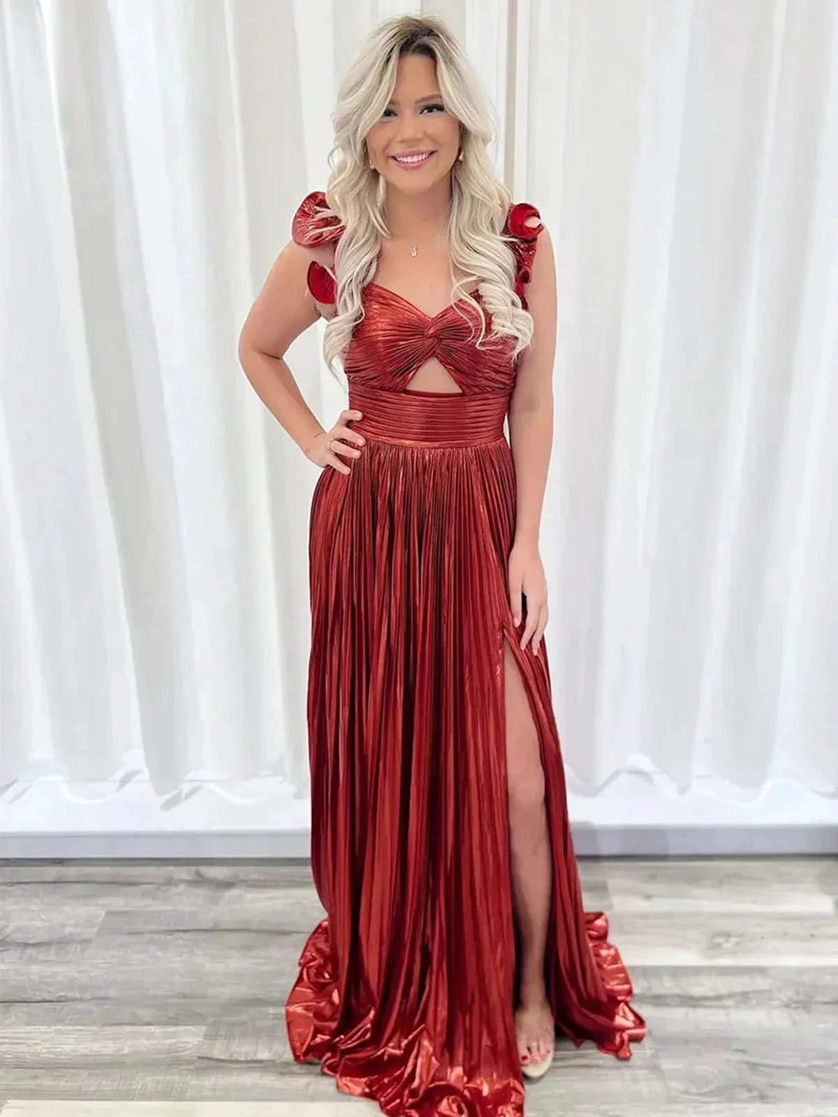 A-Line Fuchsia One Shoulder Keyhole Pleated Metallic Prom Dress with Slit