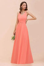 Watermelon Colorful Bridesmaid Maxi Dress Floor-Length V-Neck Maid of Honor Dress