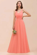 Watermelon Colorful Bridesmaid Maxi Dress Floor-Length V-Neck Maid of Honor Dress