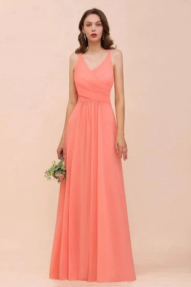Watermelon Colorful Bridesmaid Maxi Dress Floor-Length V-Neck Maid of Honor Dress
