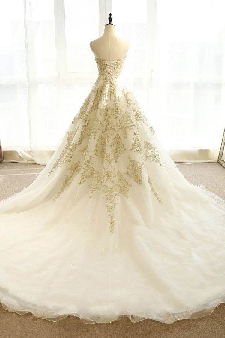 Wedding Dresses Ivory Gold Appliques Sweep/Brush Train Bridal Gown   WD430