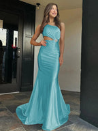 Welsie | Champagne One-Shoulder Mermaid Satin Long Prom Dress
