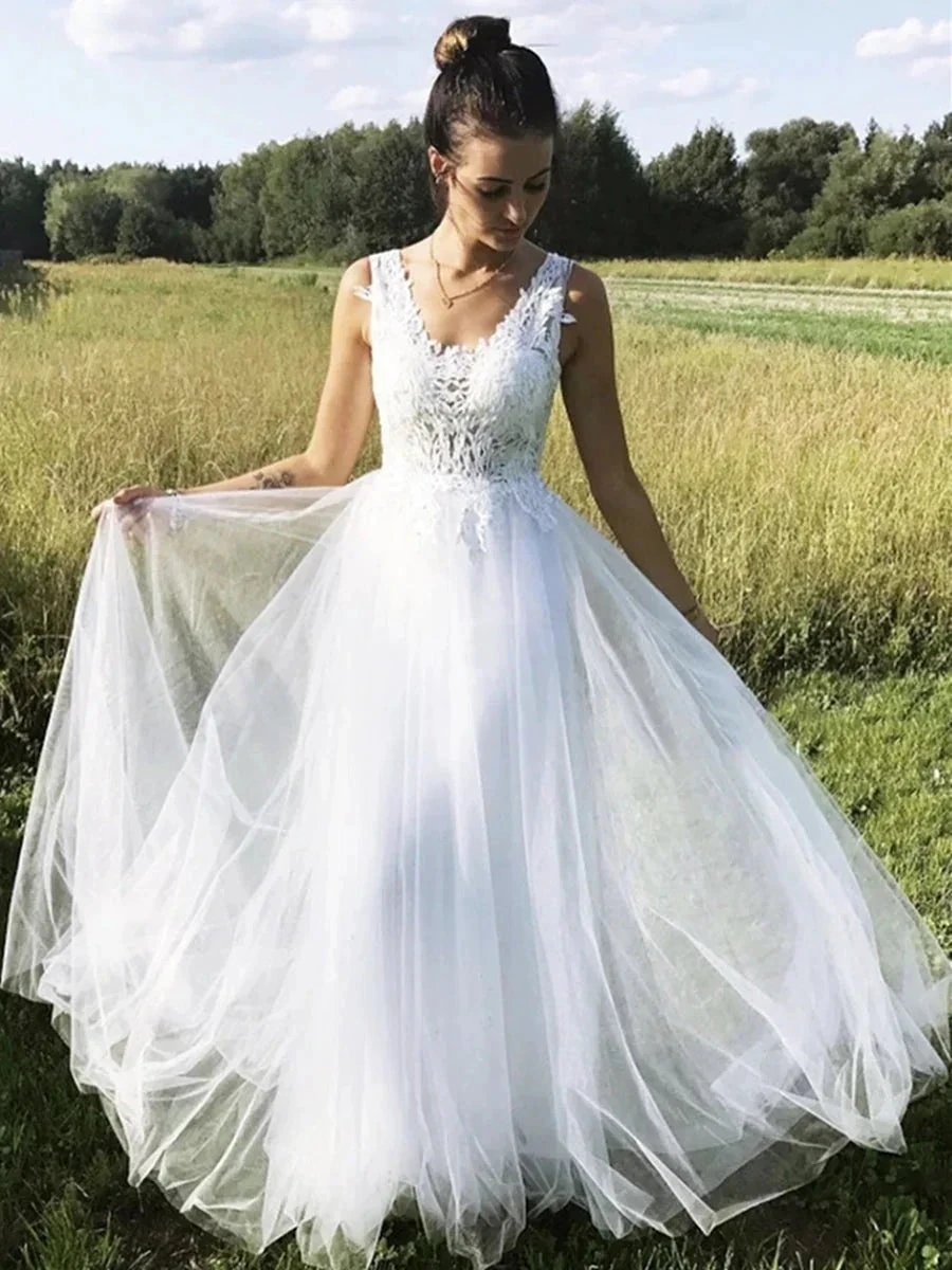 White A Line V Neck Tulle Long Lace Prom Formal Evening Dresses