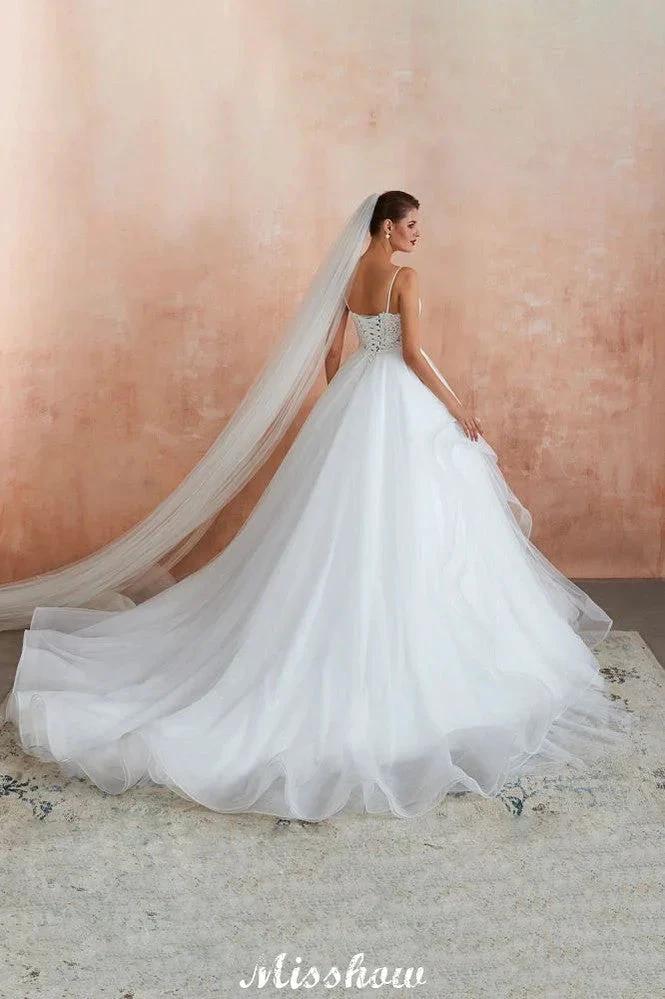 White Ball Gown Wedding Dress with Chapel Train, Spaghetti Strap See-through Lace up Bridal Gowns for Sale