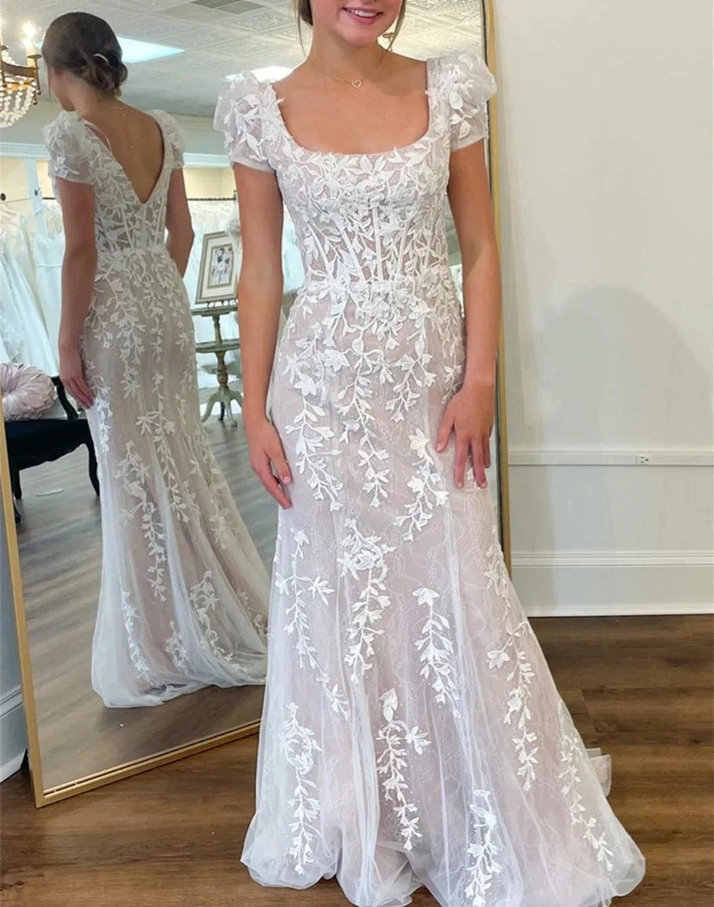 Theresa | Champagne Appliques Square Neck Puff Sleeves Long Prom Dress