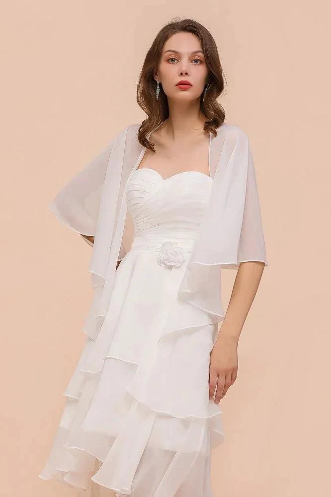 White Bridesmaid Dress Knee Length Two Layers of Wedding Guest Dress with Wraps