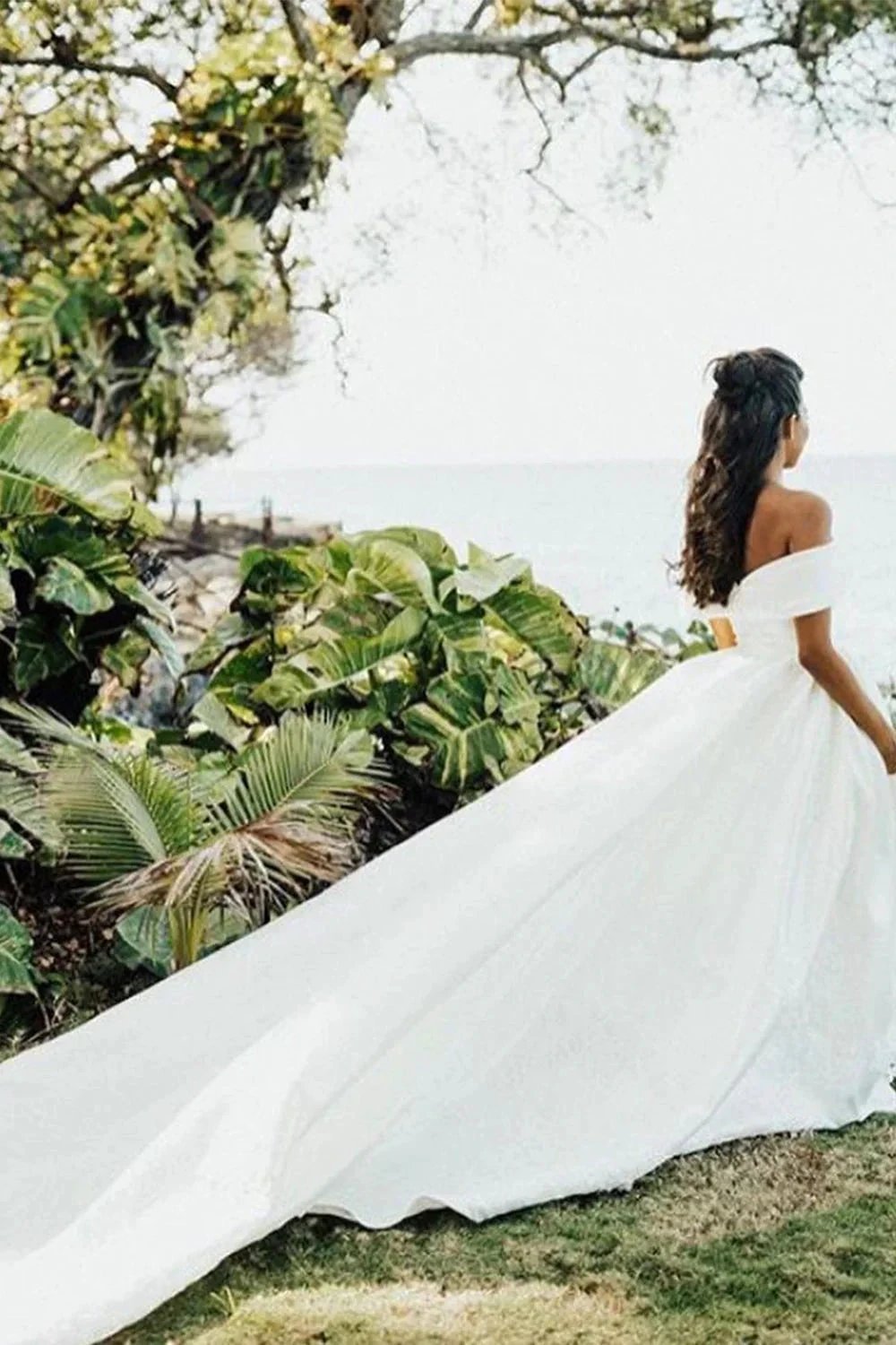 White Long Ball Gown Off The Shoulder Satin Wedding Dress