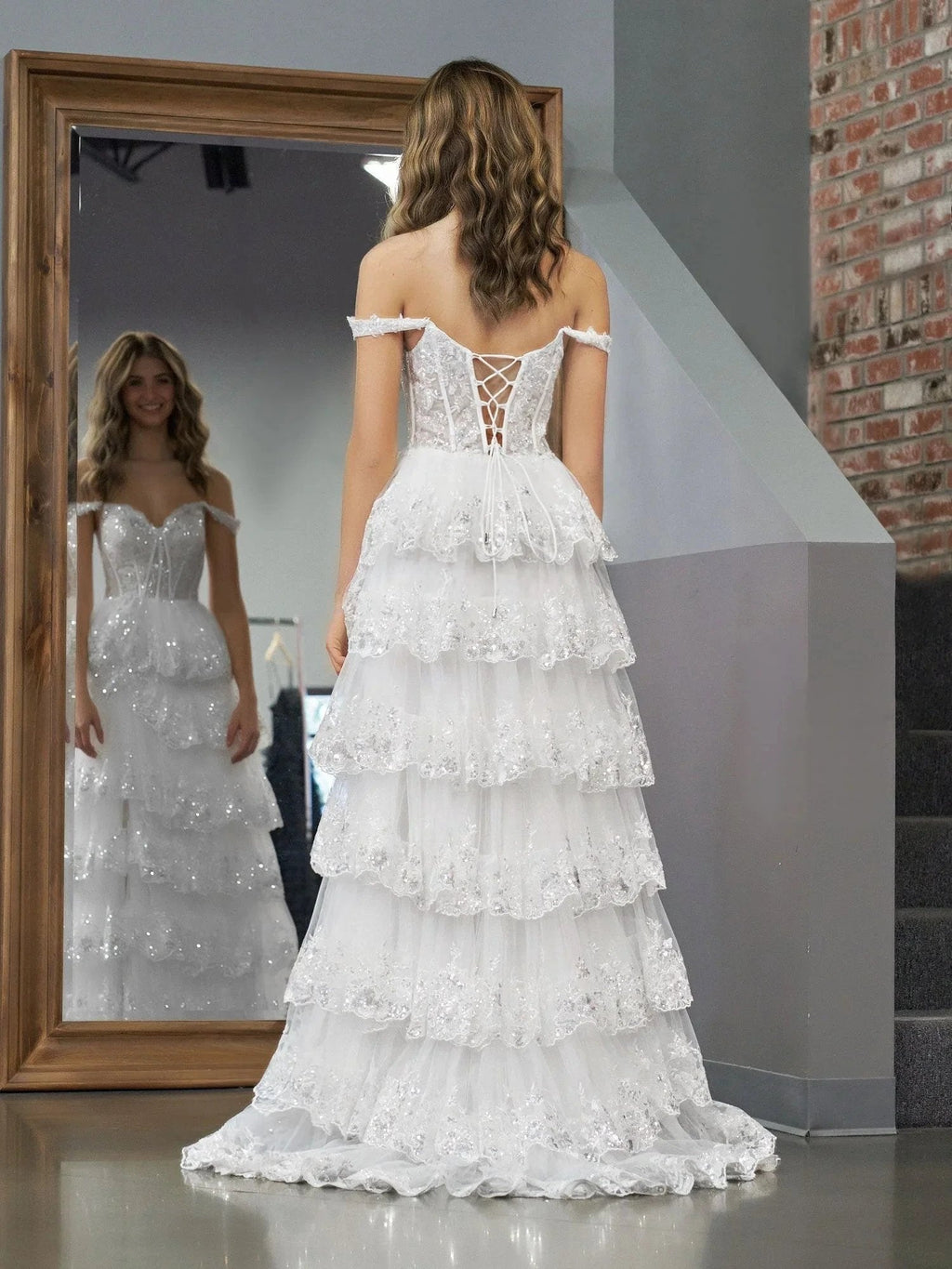 White Princess A Line Off the Shoulder White Corset Prom Dress with Lace Ruffles