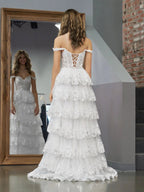 White Princess A Line Off the Shoulder White Corset Prom Dress with Lace Ruffles