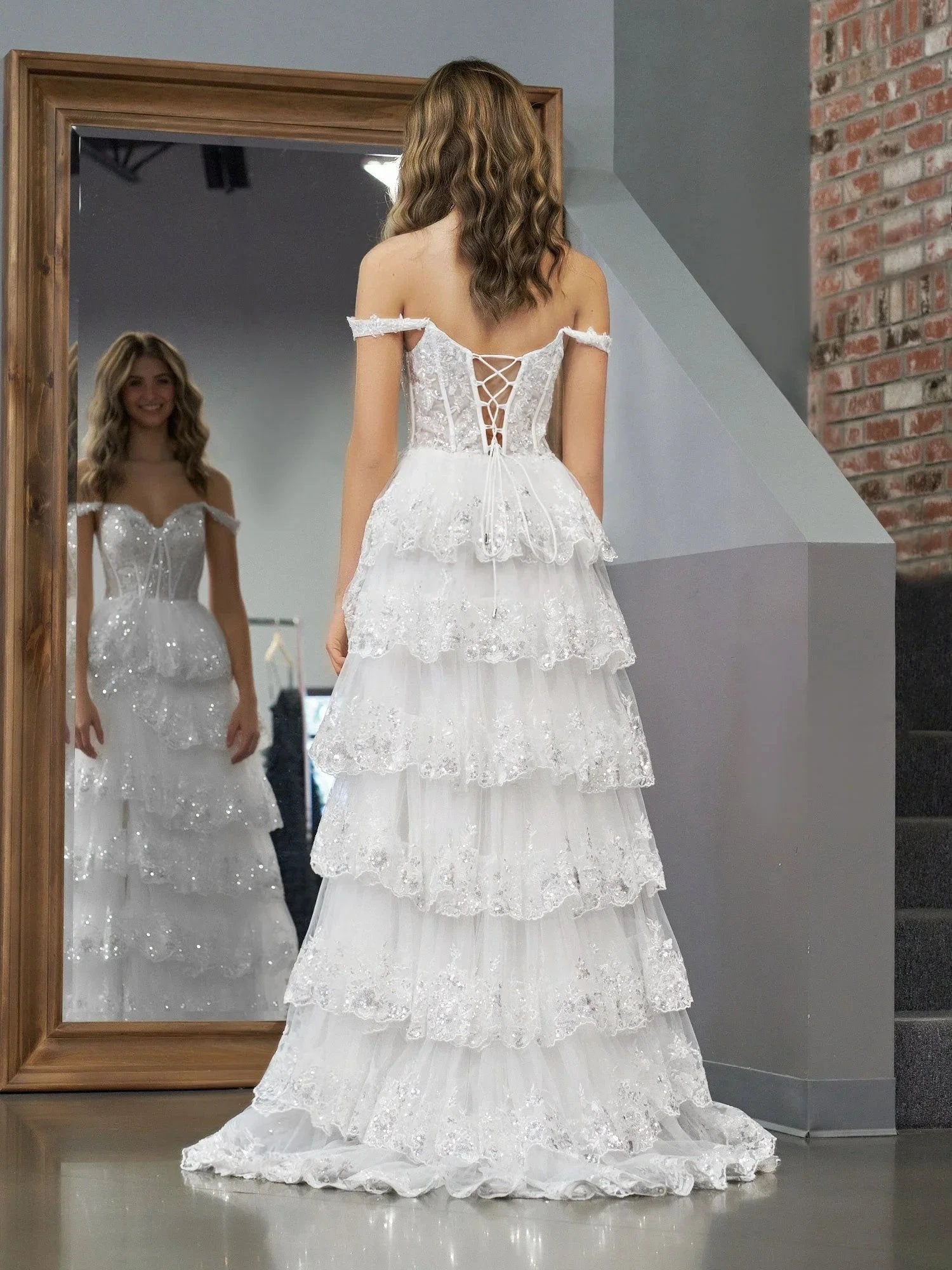 White Princess A Line Off the Shoulder White Corset Prom Dress with Lace Ruffles