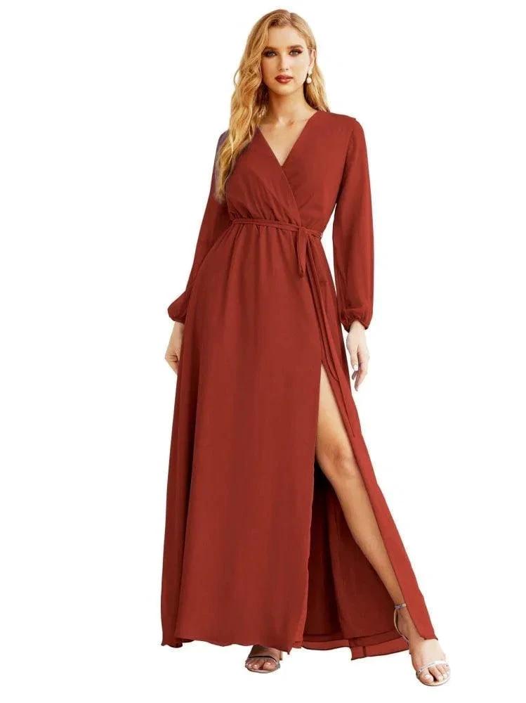 Women's Chiffon Bridesmaid Dress A line Long Sleeves Formal Evening Prom Gown for Wedding Guest SEA28032