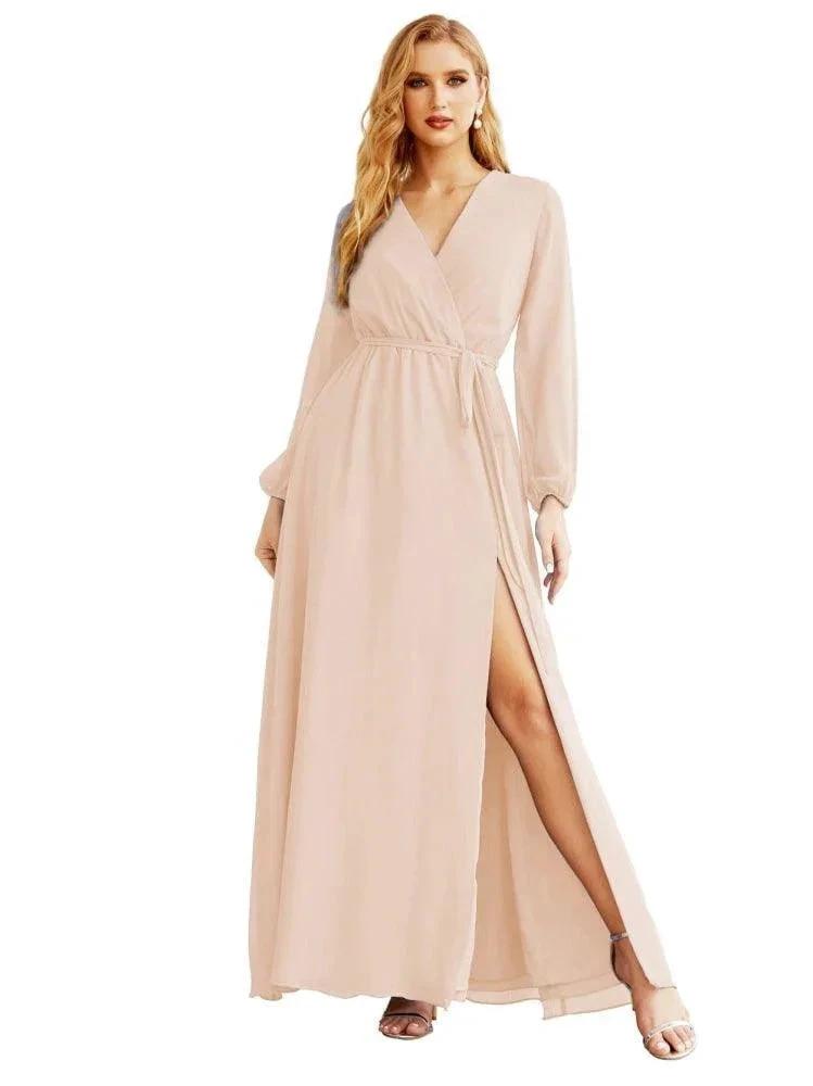 Women's Chiffon Bridesmaid Dress A line Long Sleeves Formal Evening Prom Gown for Wedding Guest SEA28032