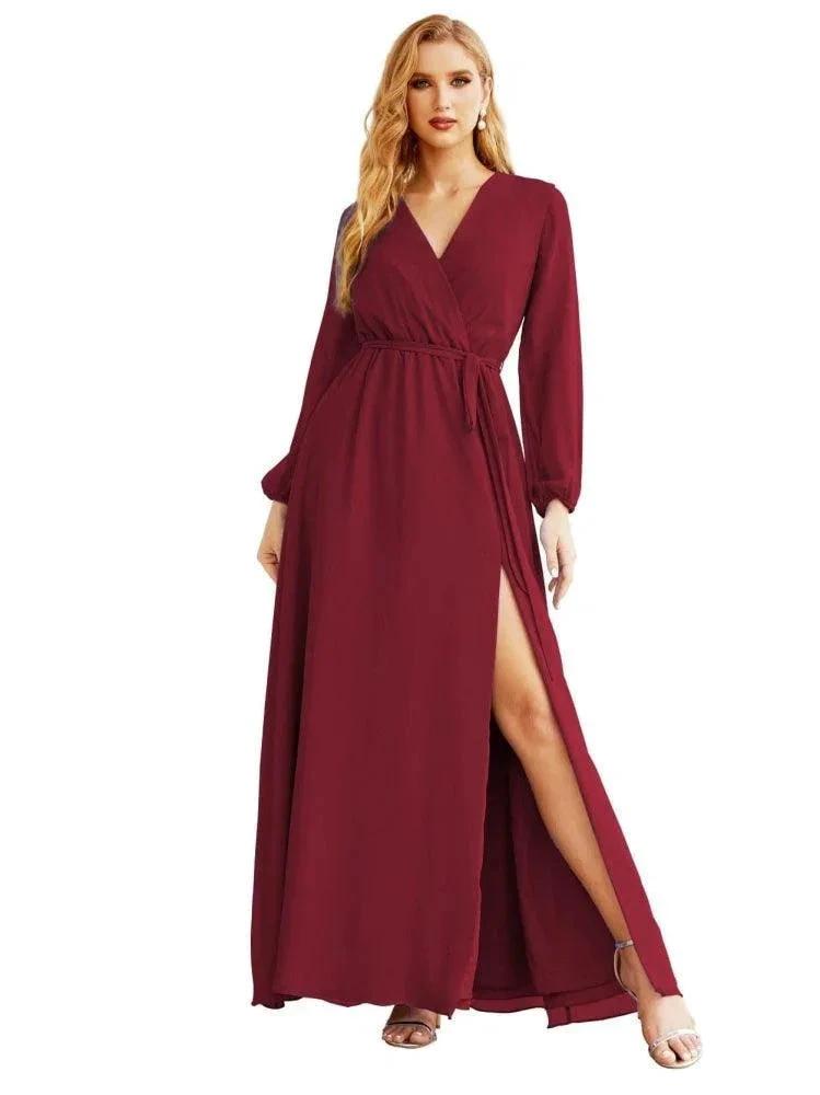 Women's Chiffon Bridesmaid Dress A line Long Sleeves Formal Evening Prom Gown for Wedding Guest SEA28032