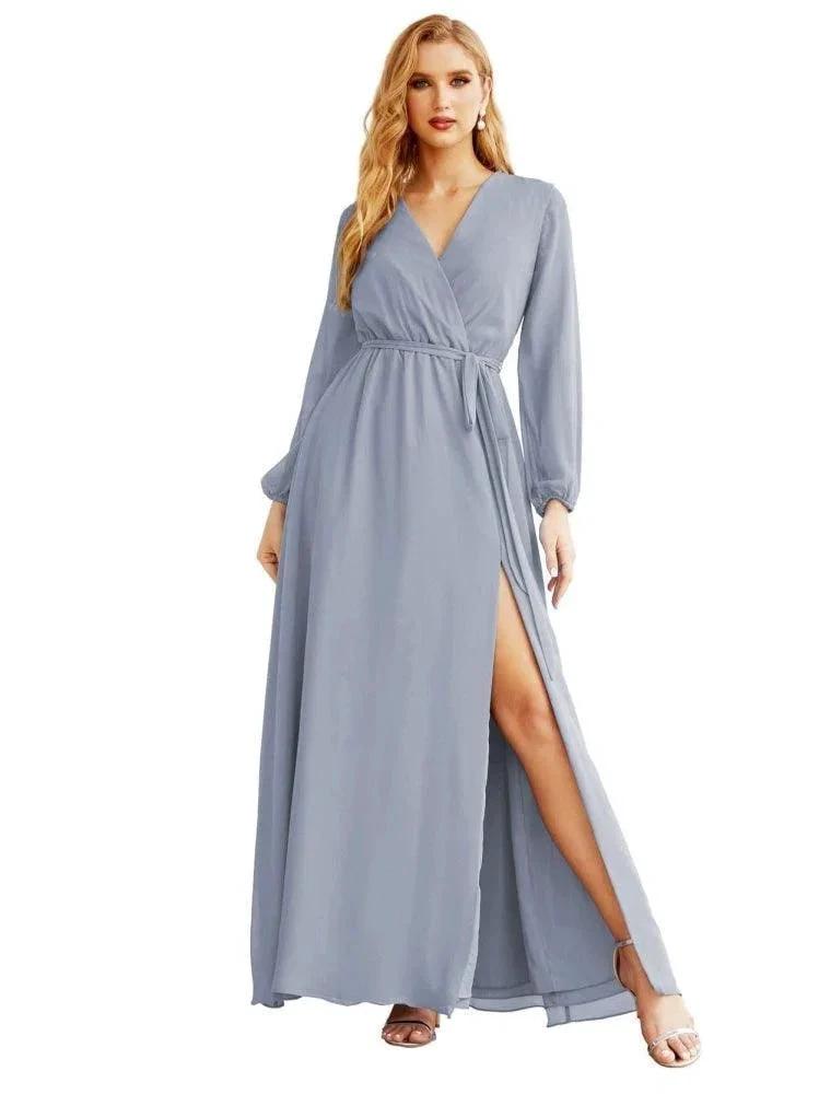 Women's Chiffon Bridesmaid Dress A line Long Sleeves Formal Evening Prom Gown for Wedding Guest SEA28032