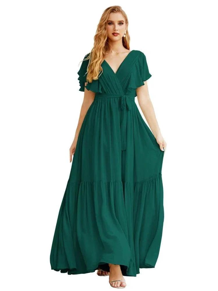 Women's Open Back Formal Evening Party Prom Gowns V-Neck Long Chiffon Bridesmaid Dresses with Waist Belt SEA28038
