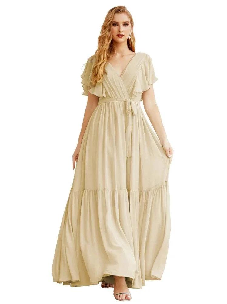 Women's Open Back Formal Evening Party Prom Gowns V-Neck Long Chiffon Bridesmaid Dresses with Waist Belt SEA28038