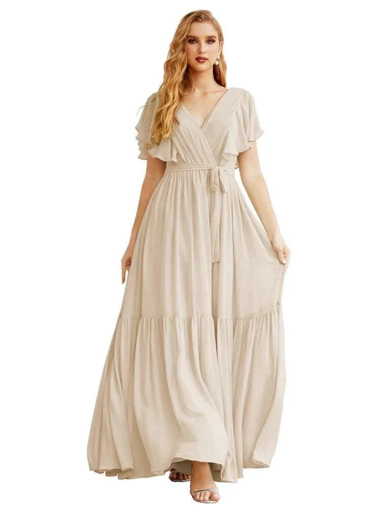 Women's Open Back Formal Evening Party Prom Gowns V-Neck Long Chiffon Bridesmaid Dresses with Waist Belt SEA28038