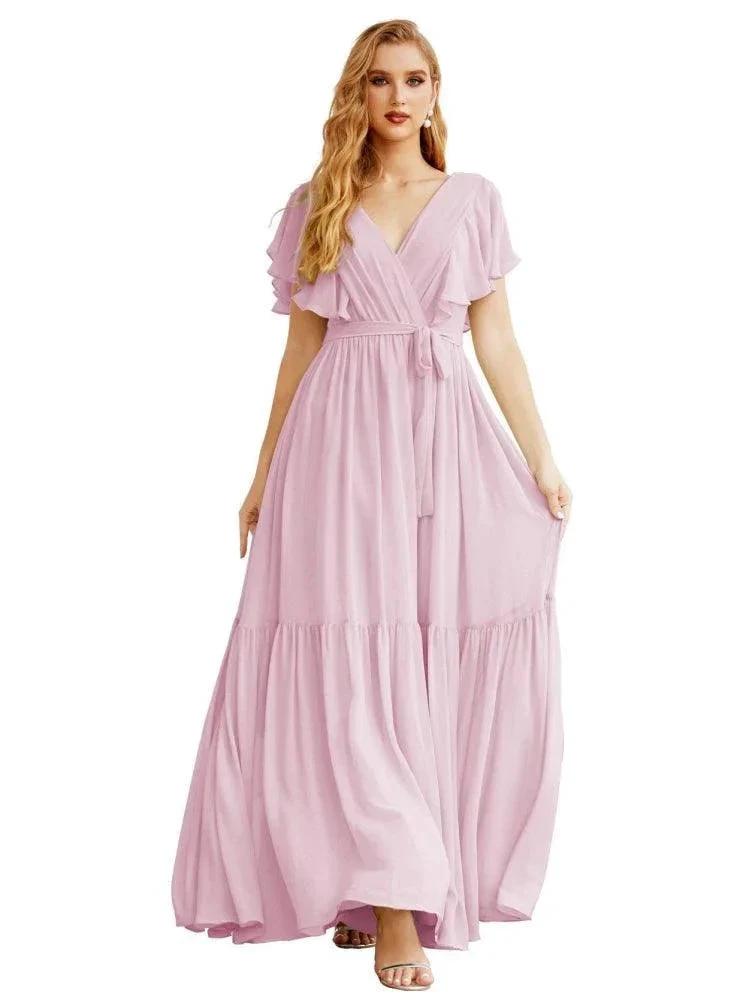 Women's Open Back Formal Evening Party Prom Gowns V-Neck Long Chiffon Bridesmaid Dresses with Waist Belt SEA28038