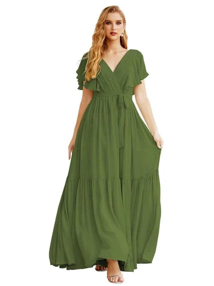Women's Open Back Formal Evening Party Prom Gowns V-Neck Long Chiffon Bridesmaid Dresses with Waist Belt SEA28038