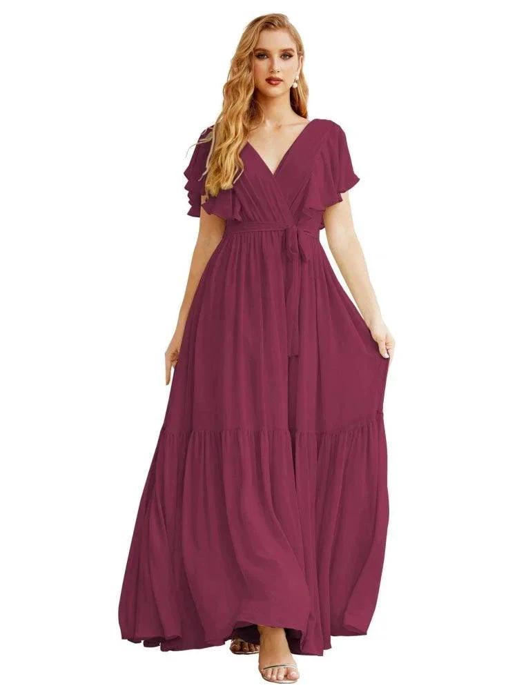 Women's Open Back Formal Evening Party Prom Gowns V-Neck Long Chiffon Bridesmaid Dresses with Waist Belt SEA28038