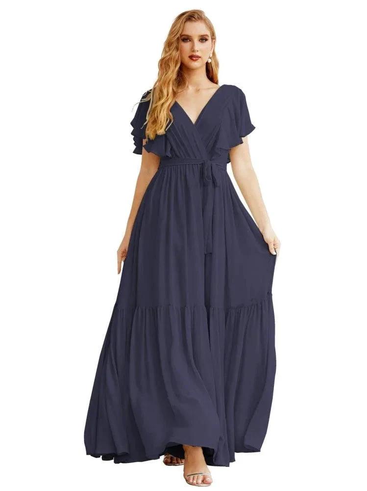 Women's Open Back Formal Evening Party Prom Gowns V-Neck Long Chiffon Bridesmaid Dresses with Waist Belt SEA28038