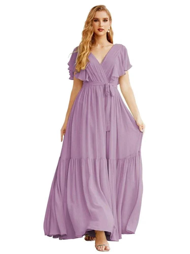 Women's Open Back Formal Evening Party Prom Gowns V-Neck Long Chiffon Bridesmaid Dresses with Waist Belt SEA28038