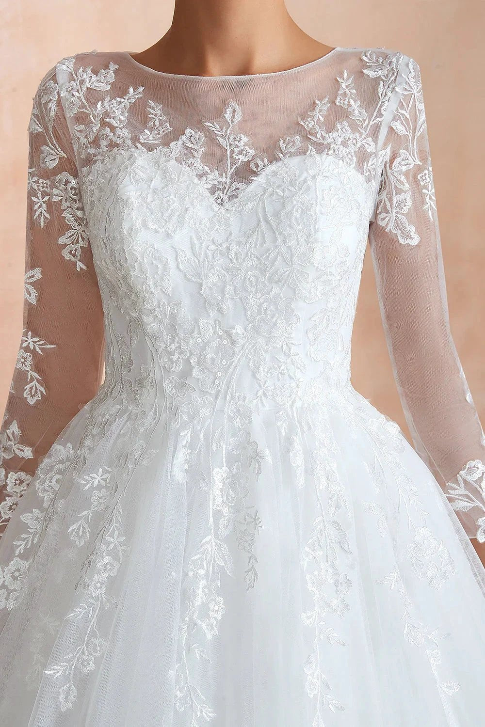 Wonderful Long A-line Appliques Tulle Wedding Dress with Sleeves