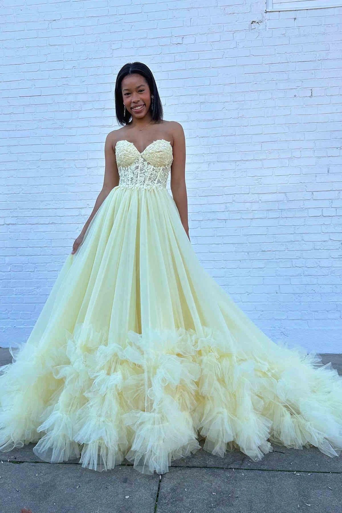 Romy | Red Tulle Appliques Sweetheart Ruffle Long Prom Dress