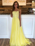 Yellow A Line Backless Sequins Chiffon Long Formal Prom Dresses