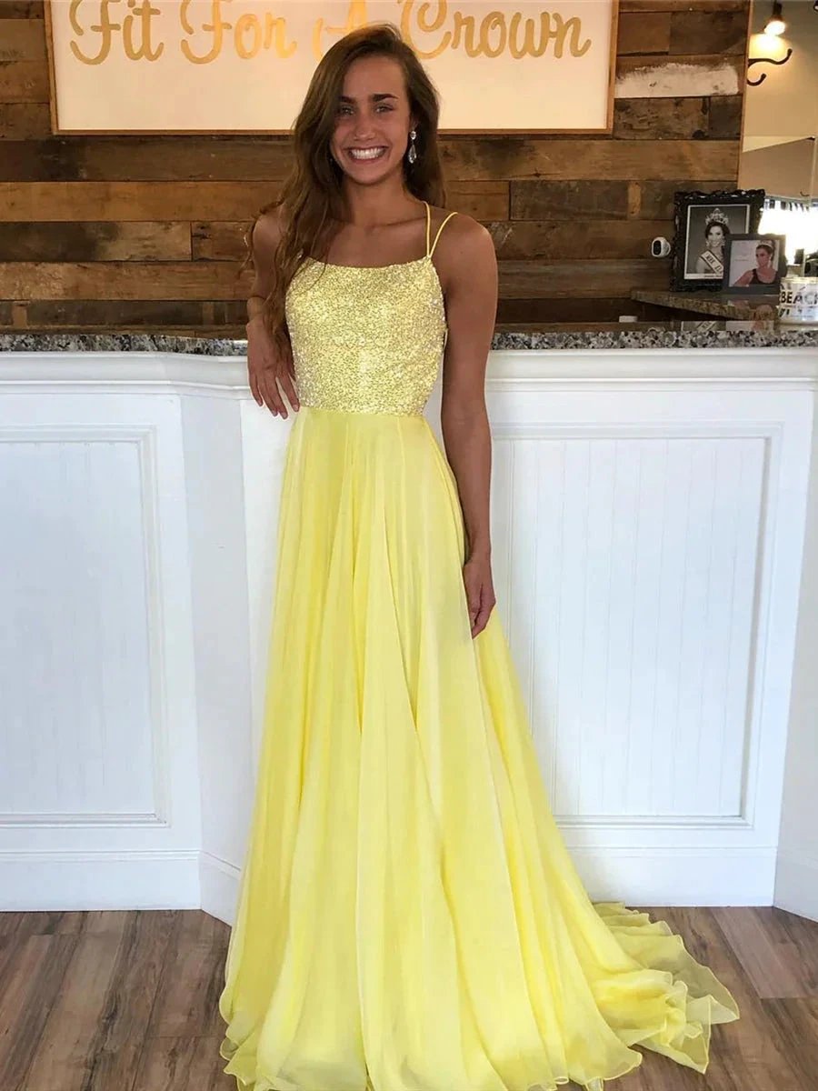 Yellow A Line Backless Sequins Chiffon Long Formal Prom Dresses