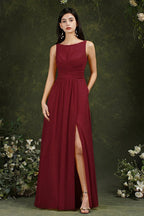 Yellow Bateau A-Line Chiffon Ruffles Split Floor-length Bridesmaid Dress With Pockets