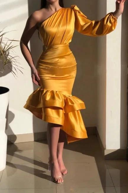 Yellow Gorgeous One Shoulder Mermaid Prom Dresses with Ruffle