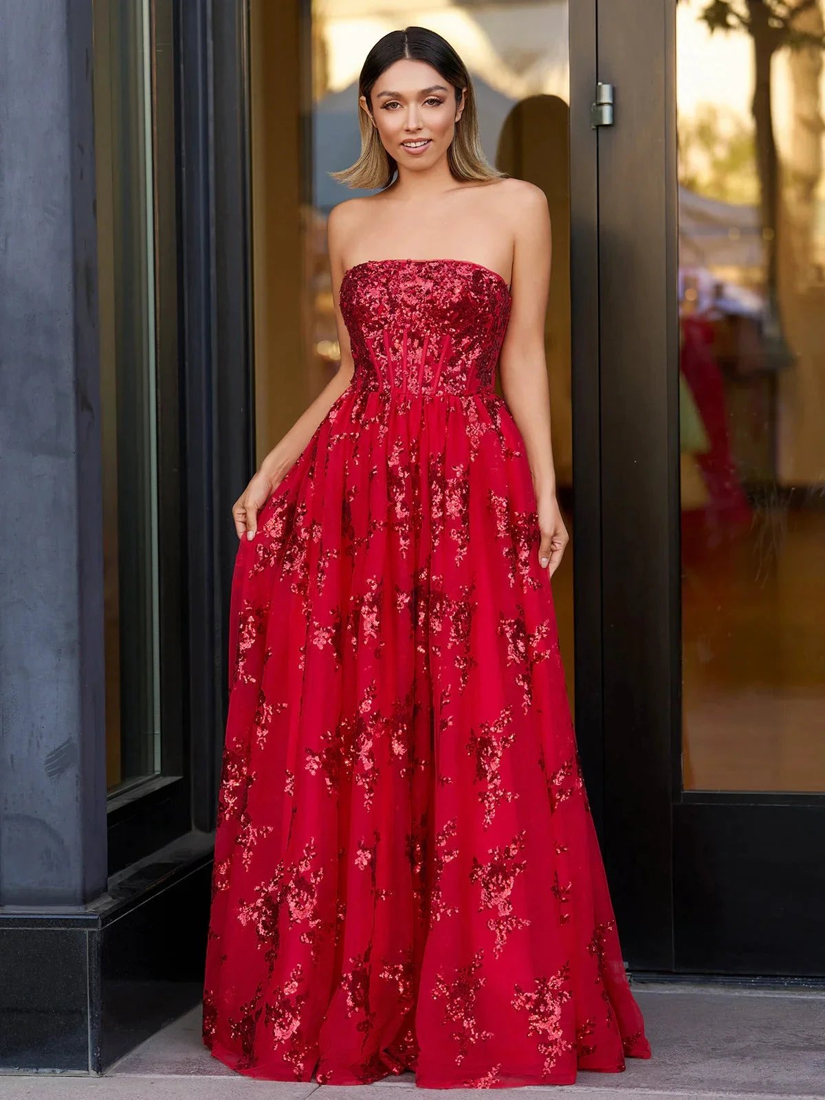 Zara | A Line Strapless Pleating Long Prom Dress With Applique