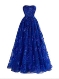 A Line Strapless Pleating Long Prom Dress With Applique