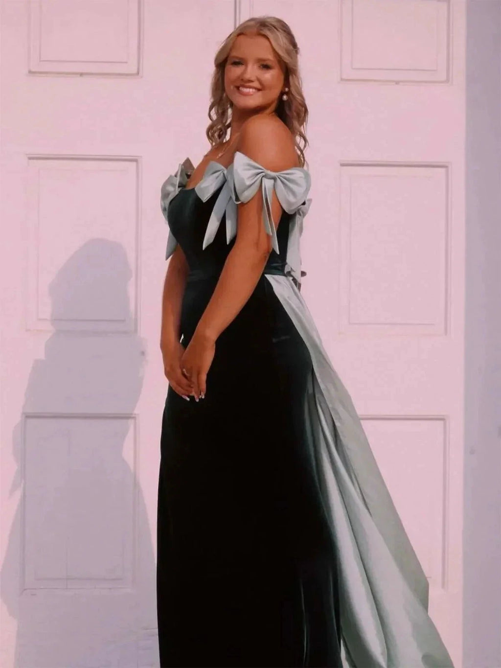 Zia | Off the Shoulder Pink Mermaid Long Velvet Prom Dress with Bows